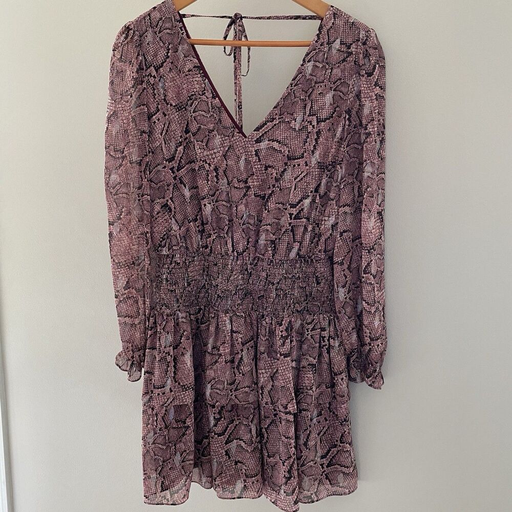 1.STATE Pink Snake Print Chiffon Mini Dress Smocked Waist Balloon Sleeve S